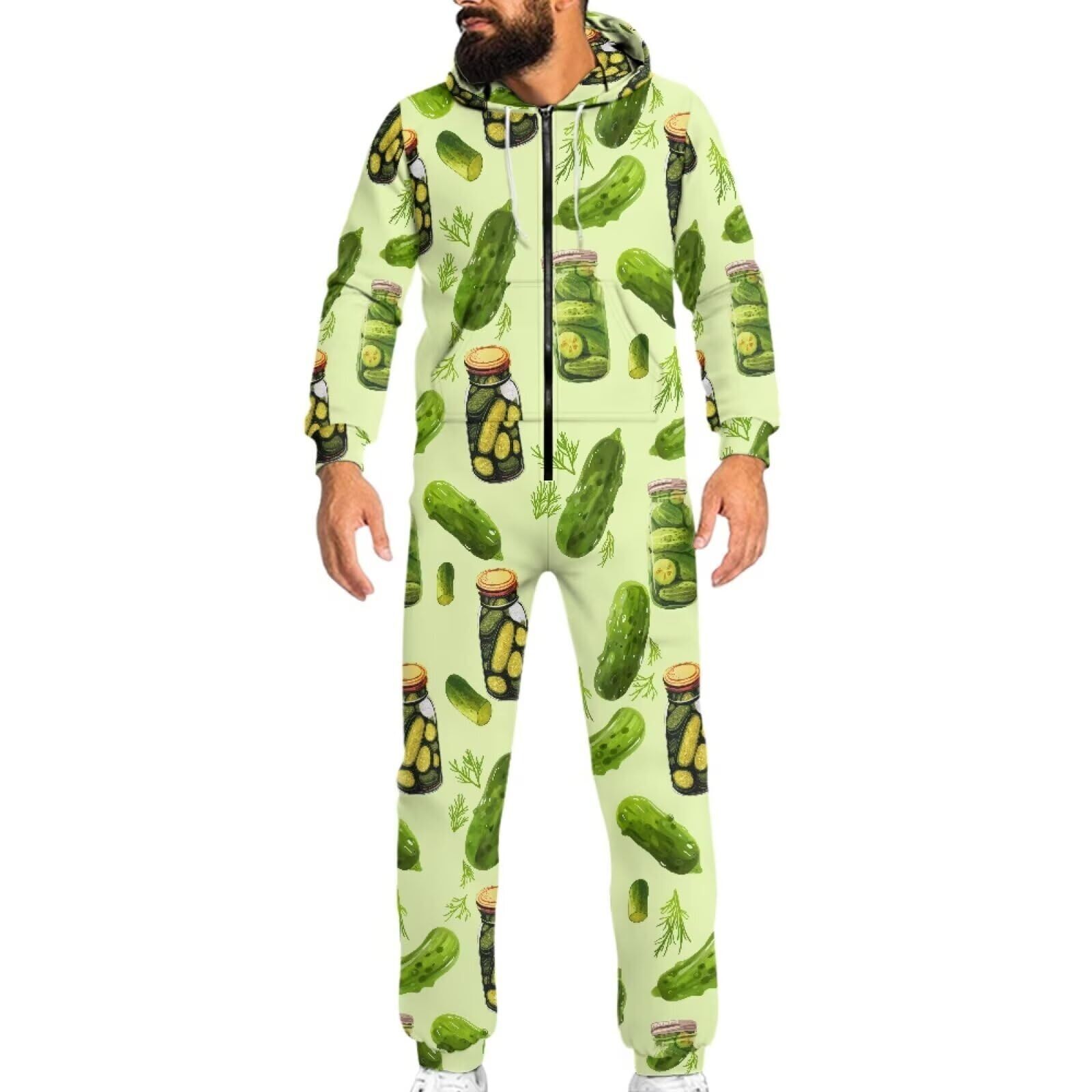 3776 Green Pickles Hooded Jumpsuit Full Zip Onesie Rompers Adult Cosplay